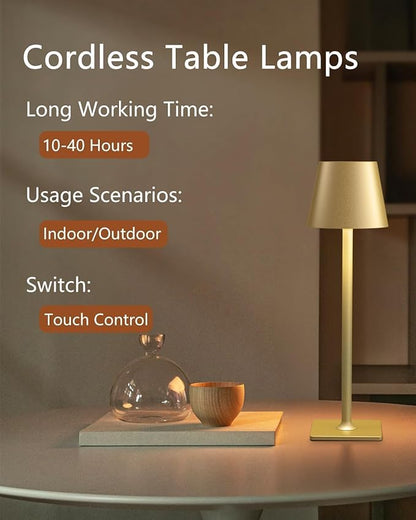 2 Pack Rechargeable Table Lamps, Gold Cordless Lamps - Battery Operated Touch Lamp, Outdoor Table Lights, Waterproof, Wireless, Portable Desk Lamp for Restaurant, Bedroom, Patio(Gold)