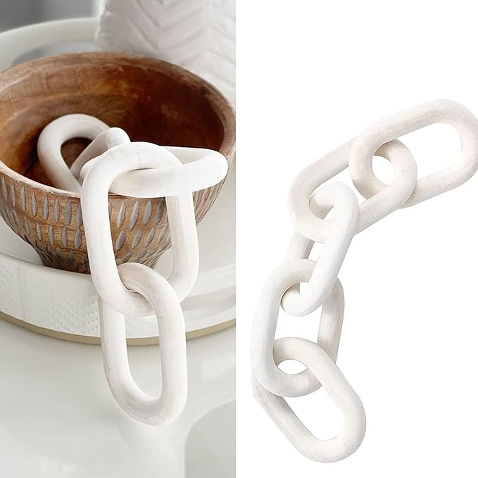 Hanlin Wood Chain Link Decor - Hand Carved Boho Decorative Chain, Farmhouse Decor, Sustainable Pine, Coffee Table Shelf for Home Living Room (White)