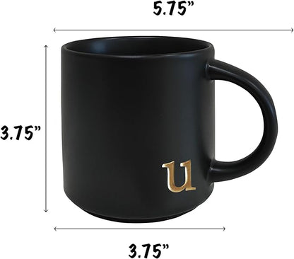 COLLECTIVE HOME - Black Monogram Ceramic Mugs, 15 oz Golden Initial Coffee Cups, Elegant Alphabet Tea Mugs, Personalized Halloween Mug with Gift Box, Perfect for Office and Home Décor (u)