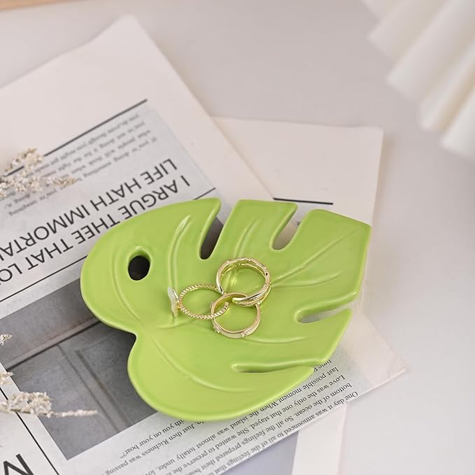 Ceramic Jewelry Tray Trinket Dish, Jewelry Dish for Women, Monstera Ceramic Plate, Ring Dish Holder for Earrings Necklace Organizer, Mother's Day Christmas Birthday Gift