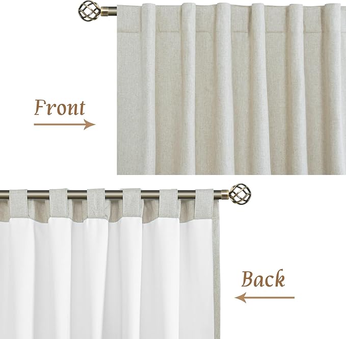 LAMIT 100% Black Out Linen Curtains, 84 Inch Linen Textured Living Room Farmhouse Curtains Room Darkening Back Tab and Rod Pocket Burlap Neutral Panels with White Liner, 2 Panels, 52 x 84 Inch, Stone