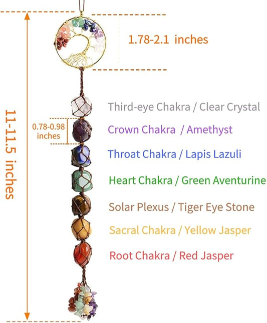 3 Pieces of 7 Chakras Healing Crystals and Tree of Life Wall Hanger Tumbled Gemstones Meditation Hanging Ornament Christmas Tree Memorial Hanging Pendant (Style 3)