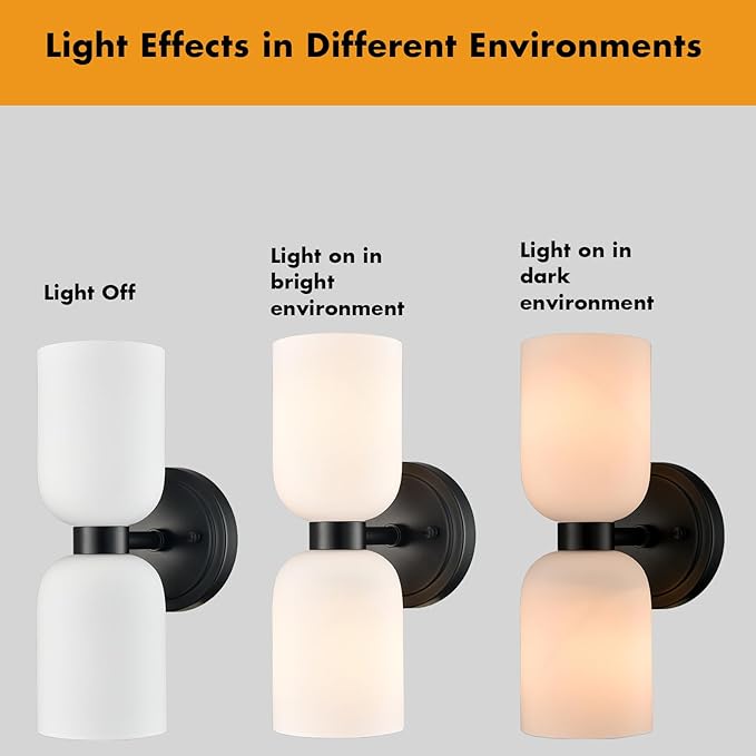CLAXY Wall Sconces Set of 2 Modern Bath Vanity Light Fixtures Over Mirror Matte Black with Milky White Glass Shade Wall Lights for Bathroom, Bedroom, Hallway, Kitchen, Dimmable