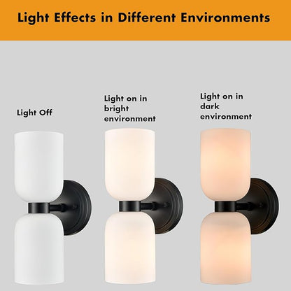 CLAXY Wall Sconces Set of 2 Modern Bath Vanity Light Fixtures Over Mirror Matte Black with Milky White Glass Shade Wall Lights for Bathroom, Bedroom, Hallway, Kitchen, Dimmable