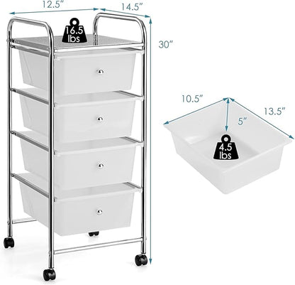 Giantex Rolling Cart with Drawers, Craft Organizer with Wheels, 4 Drawer Storage Container Bins for Home School Office Scrapbook Paper Tools, Clear White