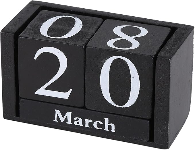 Perpetual Wooden Block Calendar, Desktop Vintage Style Mini Month Date Time Display, Home Office Decoration with 2pcs Dices, Blue, Black Wood with 12 Month Blocks (Black)
