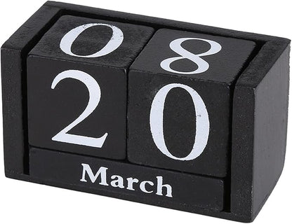 Perpetual Wooden Block Calendar, Desktop Vintage Style Mini Month Date Time Display, Home Office Decoration with 2pcs Dices, Blue, Black Wood with 12 Month Blocks (Black)