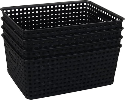 Morcte Plastic Weave Shelf Basket, 4-Pack Plastic Baskets Organizer, Black