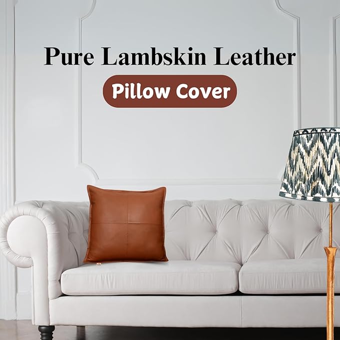Lambskin Leather Pillow Cover - Sofa Cushion Case - Decorative Throw Covers for Living Room & Bedroom, 18x18 Inches - Camel Antique Box Pack of 1