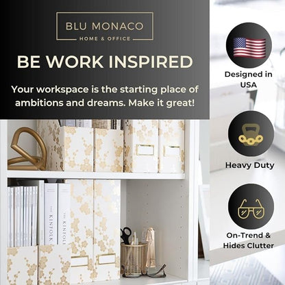 BLU MONACO | Set of 4 Foldable Magazine Storage Boxes with Gold Floral Pattern | Decorative Vertical File Organizers with Gold Label Holders for Desk, Shelves & Home Office