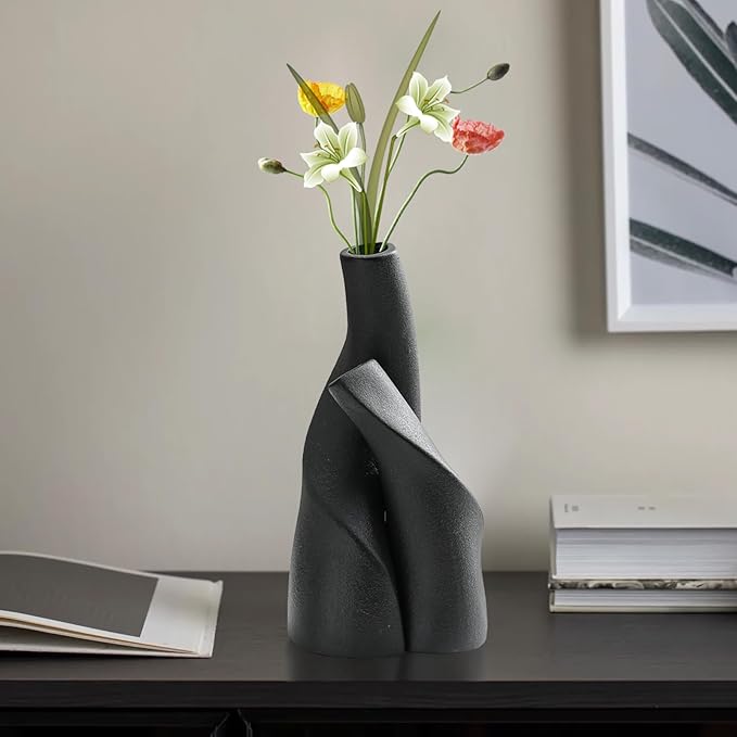 Irregular Circular Cross Ceramic Vase Set,Modern Minimalist Abstract Art Flower Vase for Home Decor,Decorative Small Bud Vase for Home Office Shelf Decor(Black)