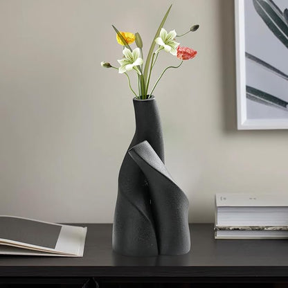 Irregular Circular Cross Ceramic Vase Set,Modern Minimalist Abstract Art Flower Vase for Home Decor,Decorative Small Bud Vase for Home Office Shelf Decor(Black)