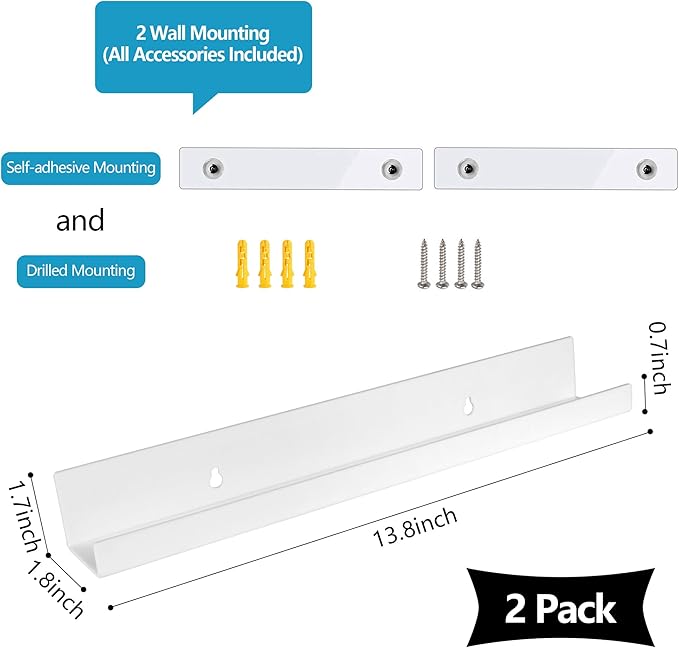evron Acrylic Floating Shelves – 2-Pack White Wall Shelf for Bathroom, Bedroom, or Kitchen – Easy Installation with Adhesive (No-Drill) or Screws (Drill Required) – 13.8" Modern Rack (White 2 Pack)