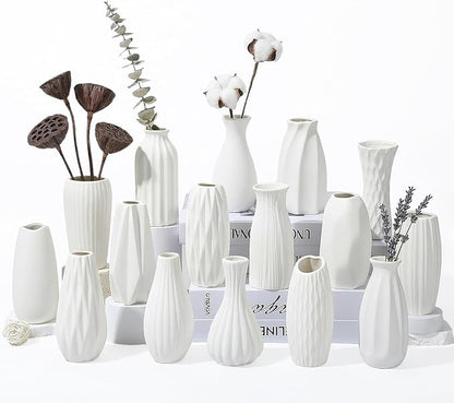 BEAHOT Ceramic Bud Vases Set of 16 - Matte White Mini Ceramic Bud Vases Collection: Non-Repeating Modern Boho Centerpiece - Small Unglazed Jars for for Weddings, Home, Shelf Decor