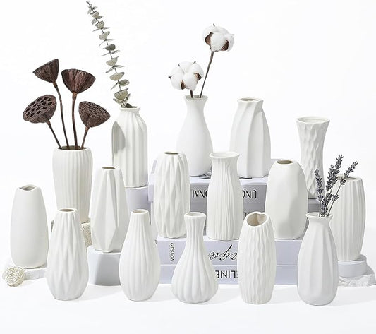 BEAHOT Ceramic Bud Vases Set of 16 - Matte White Mini Ceramic Bud Vases Collection: Non-Repeating Modern Boho Centerpiece - Small Unglazed Jars for for Weddings, Home, Shelf Decor