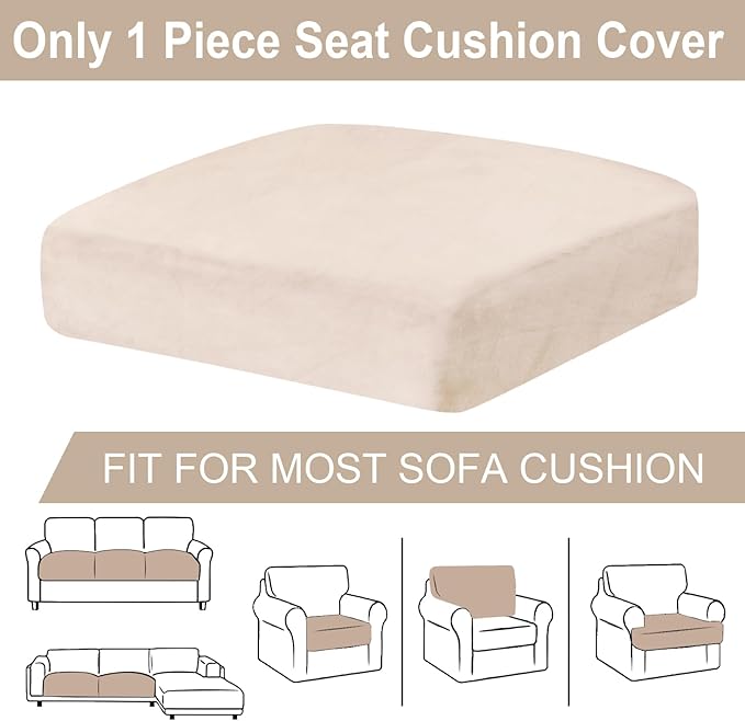 Couch Cushion Cover Velvet 1 Piece Seat Cushion Cover Stretch Armchair Cover Separate Sectional Sofa Slipcovers Furniture Protector (1-Seater or Sofa Backrest, Beige)