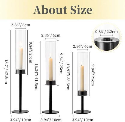 Hewory Black Candlestick Holders Hurricane Candle Holder, 12Pcs Candle Stick Candle Holder Candelabra, Taper Candle Holders with Glass Candle Cover for Wedding Table Centerpiece Christmas Decor