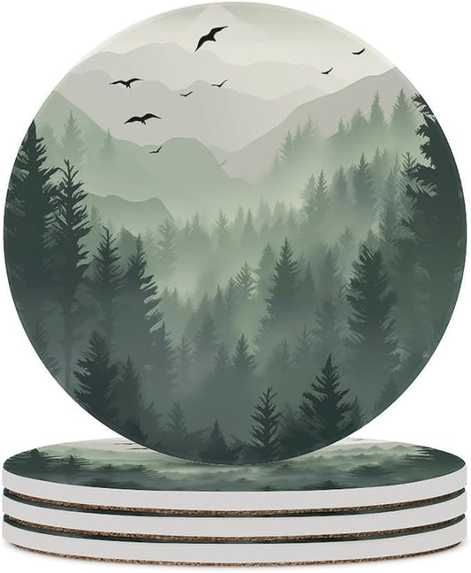 Round-4PCS Forest Drink Coasters,Modern Ceramic Absorbent Coasters, Watercolor Green Forest Flying Birds Nature Mountain Tree Woodland Decor Desk Coffee Table Coaster for Beverage Cup Tea Coasters