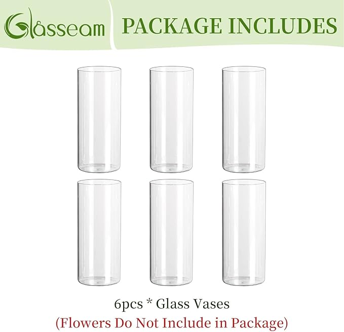 Glasseam Clear Cylinder Vase Set of 6, Modern Glass Vases for Centerpieces, Floating Candle Vases for Decor, Decorative Hurricane Candle Holders for Pillar Candles Wedding Table Decorations, 8in