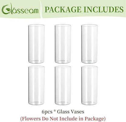 Glasseam Clear Cylinder Vase Set of 6, Modern Glass Vases for Centerpieces, Floating Candle Vases for Decor, Decorative Hurricane Candle Holders for Pillar Candles Wedding Table Decorations, 8in