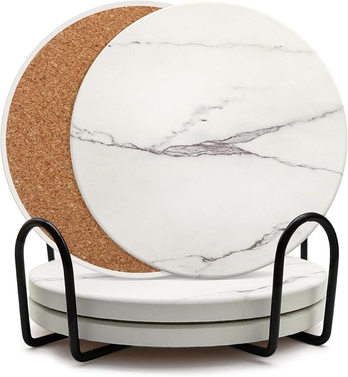 Coaster Set of 4, Drink Coasters with Holder, Absorbent Ceramic Coasters for Dining Table, 4 Inch Round Coasters Set for Drinks, Cup Coaster for Home Decor, Housewarming Gift, (R&A)