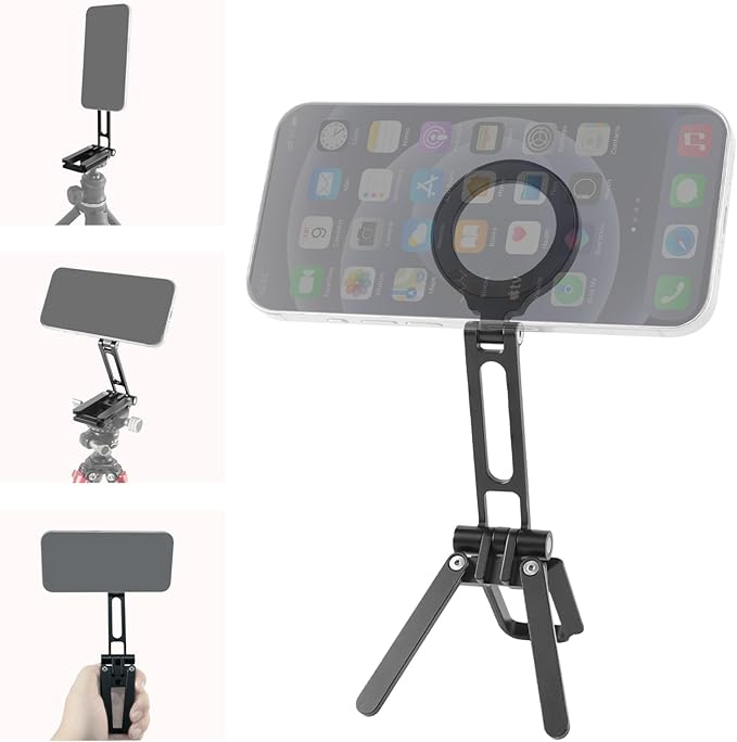 FIFIELD Magnetic Phone Tripod Stand 1/4" Screw Aluminum Mini Foldable Tripod for Cell Phone, Travel Essential Adjustable iPhone Stand for Desk/Handheld, Compatible with iPhone 16/15/14/13/12 Series