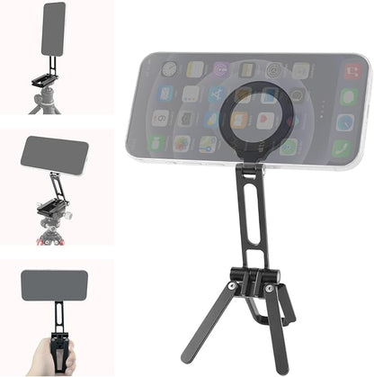 FIFIELD Magnetic Phone Tripod Stand 1/4" Screw Aluminum Mini Foldable Tripod for Cell Phone, Travel Essential Adjustable iPhone Stand for Desk/Handheld, Compatible with iPhone 16/15/14/13/12 Series