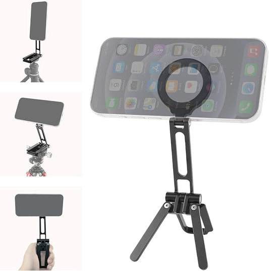 FIFIELD Magnetic Phone Tripod Stand 1/4" Screw Aluminum Mini Foldable Tripod for Cell Phone, Travel Essential Adjustable iPhone Stand for Desk/Handheld, Compatible with iPhone 16/15/14/13/12 Series
