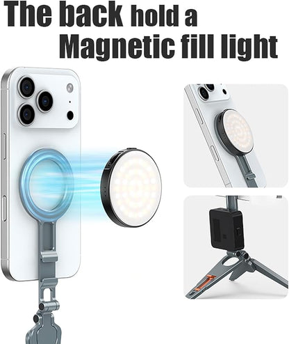 Magnetic Phone Tripod Stand Portable Cell Phone Holder Strong Magnet Mini Pocket Smartphone Mount Foldable Selfie Stick Tripod with 1/4" Screw Hole & Hook for iPhone 17 16 15 14 13