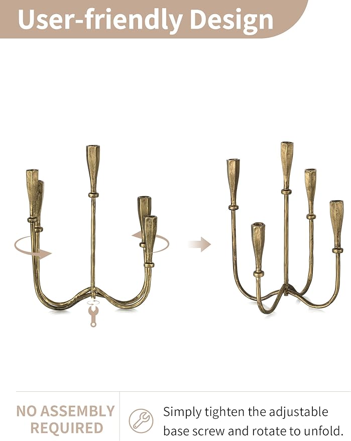 NUPTIO Iron Taper Candle Holders: Gold Tall Candelabra for Candlestick - Antique Brass Candle Stick Holder 5 Arm for Thanksgiving Christmas Fireplace Table Centerpiece