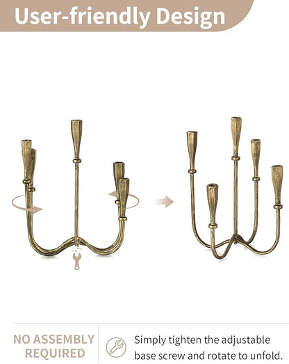 NUPTIO Iron Taper Candle Holders: Gold Tall Candelabra for Candlestick - Antique Brass Candle Stick Holder 5 Arm for Thanksgiving Christmas Fireplace Table Centerpiece
