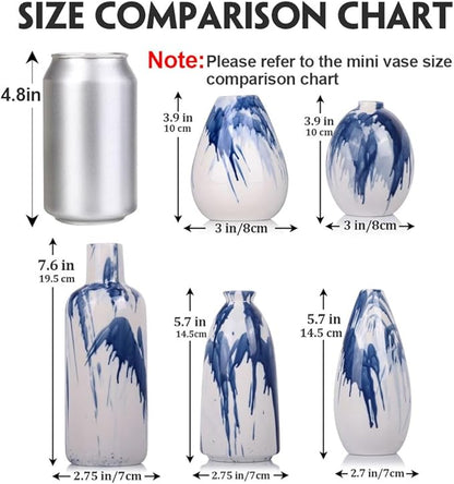 Set of 5 Blue and White Ceramic Small Bud Vases - Modern Farmhouse Navy Blue Decorative Vases for Home, Office, Living Room, Table Decor - Ideal Centerpieces for Flowers, Shelf and Fireplace Accents