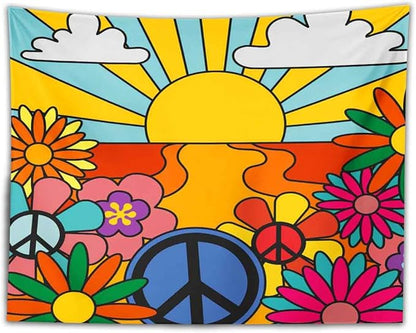 BULOR 70's Groovy Retro Sunshine Flowers Tapestry Wall Hangings, Rainbow Boho Funky Vintage Tapestry For Kids Student Bedroom Living Room Dorm Man Cave Background 60x60inch