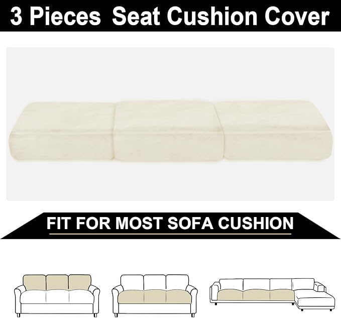 NAISI Couch Cushion Covers 3 Pieces Velvet Stretch Sofa Seat Covers or Backrest Covers Soft Individual Couch Covers for Sectional Sofa(3 Pcs for 3-Seat Cushion,Cream)