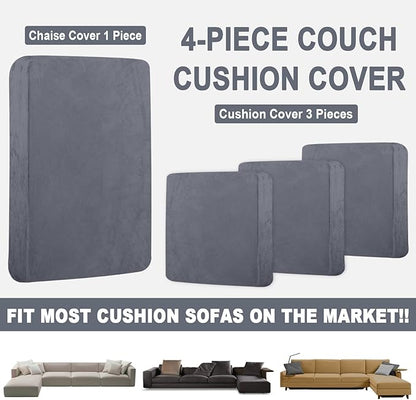 Sectional Couch Covers for 4-Piece Seat Cushion Velvet Separate L Shape Couch Cover Stretch Sofa Slipcover with 2 Pieces Pillowcases Furniture Protector (Sofa 3 Seater + 1 Chaise, Dark Grey)