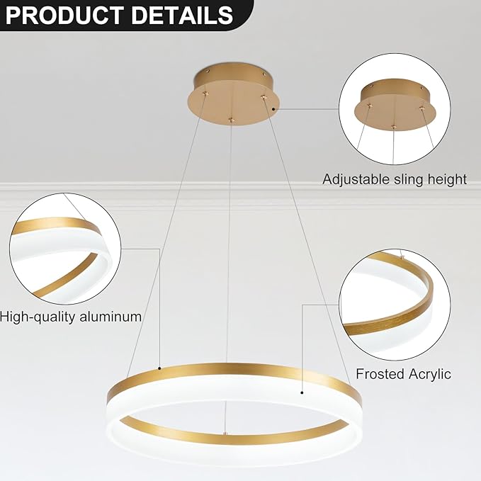 Buccleuch Modern LED Chandelier - Dimmable 19.7" Gold Round Pendant Light, Height Adjustable UL-Certified Ceiling Light for Dining Room, Kitchen Island, Living Room, Bedroom, Foyer