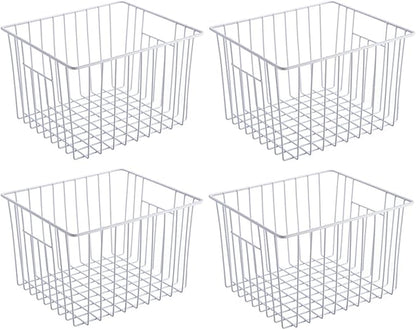 Slideep Freezer Baskets Storage Basket Organizers, Deep Wire Farmhouse Bins Container with Handles for Kitchen, Pantry, Cabinet, Car, Bathroom Pearl White, 4 Pack