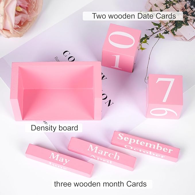 Perpetual Desk Calendar - Wooden Block Calendar for Desk, Reusable Date Display Blocks for Office & Home Decor, Teacher Classroom Accessory (Pink)