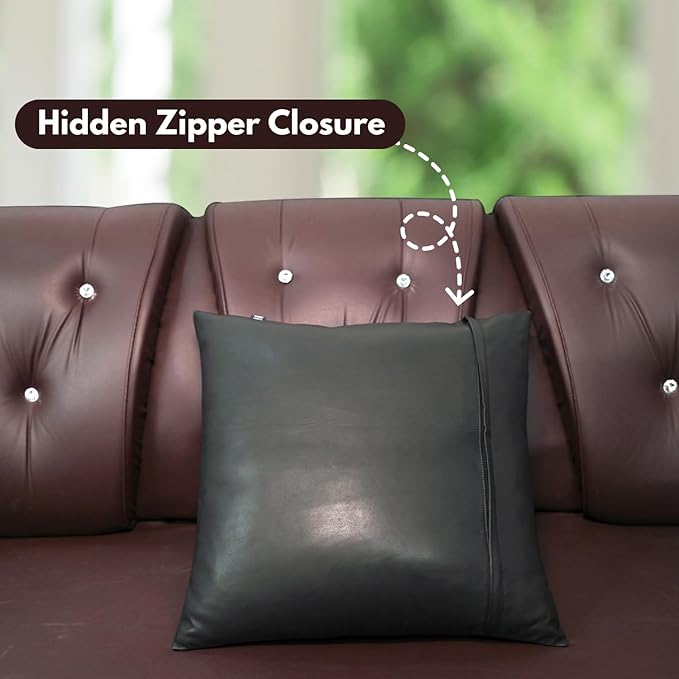 D DOLLY LAMB Lambskin Leather Pillow Cover - Sofa Cushion Case - Decorative Throw Covers for Living Room & Bedroom, 22x22 Inches - Black Pack of 2
