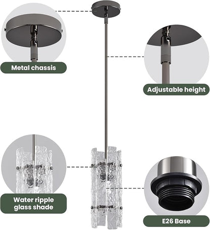 Modern Pearl Black Crystal Pendant Light for Kitchen Island, Luxury Mini Water Ripple Glass Chandelier Fixture, Round Adjustable Hanging Pendant Lighting for Dining Room Bedroom Hallway (1-Pack)