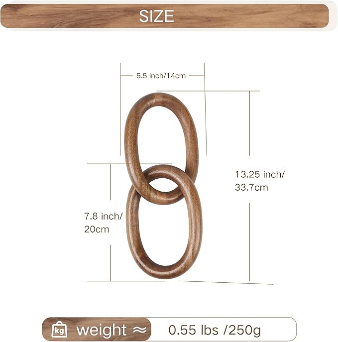 Acacia Wood Chain Link Decor, Natural Wooden Knot Shelf Decors for Coffee Table, Bookshelf, Console Table Decorations, Decorative Handcrafted Modern Home Accent, 13x6 Inch