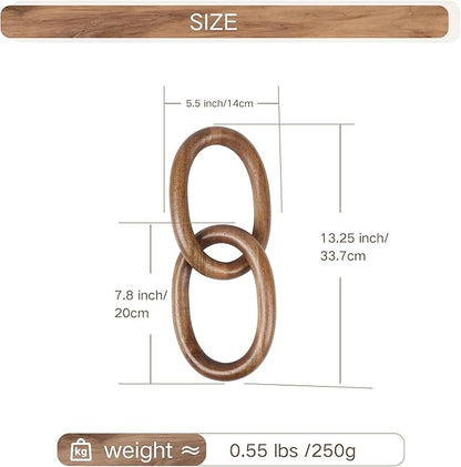 Acacia Wood Chain Link Decor, Natural Wooden Knot Shelf Decors for Coffee Table, Bookshelf, Console Table Decorations, Decorative Handcrafted Modern Home Accent, 13x6 Inch