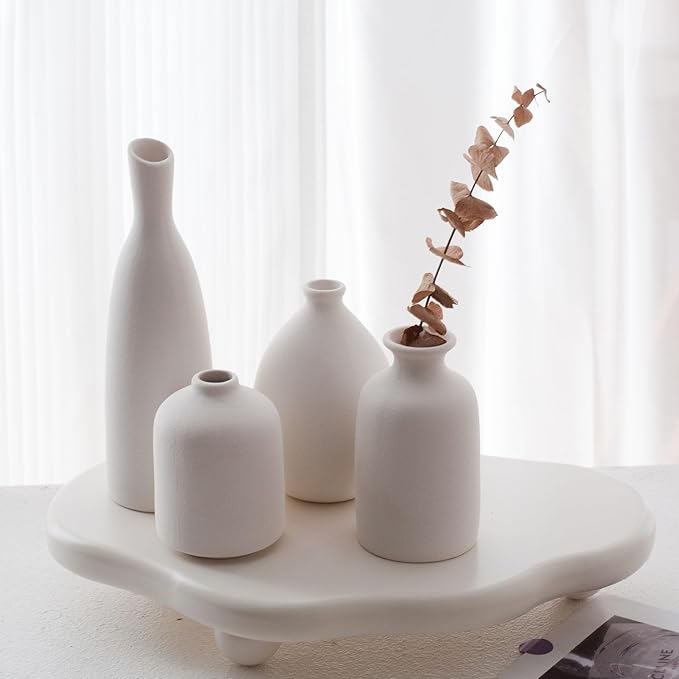 White Ceramic Vase Set of 4, Classic Matte Vases Home Decorations for Table Shelf Office Decor (White)