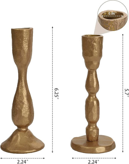 Antique Brass Handcrafted Iron Taper Candle Holders - Set of 2 Decorative Candlesticks for Weddings, Dining, and Parties