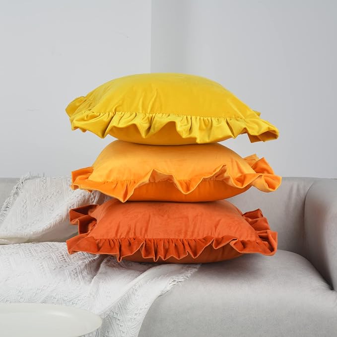Velvet Ruffle Throw Pillow Covers Couch, Set of 2 Decorative Pillowcases with Ruffles 18x18 Inch Solid Color Shabby Chic Farmhouse Cushion Cover for Living Room Sofa Bed, Beige