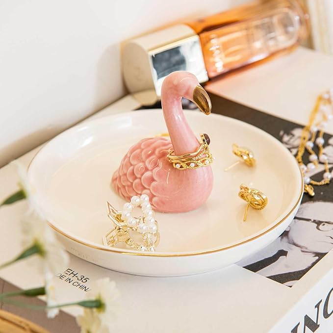 Flamingo Ring Holder Dish, Ceramic Jewelry Tray Trinket Dish for Necklace Keychain Organizer, Cute Funny Birthday Wedding Mothers Day Gift for Women Friends Girls
