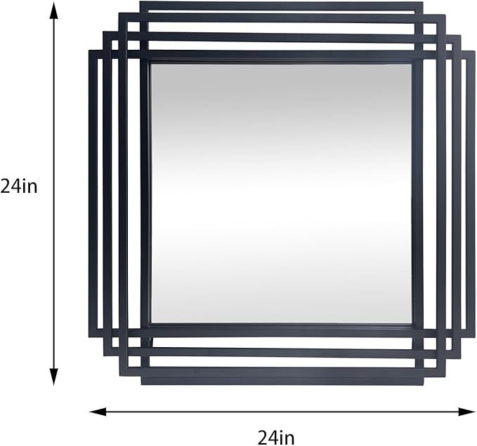 Modern Vanity Mirror, 24"x24" Geometric Art Deco Mirror with Black Metal Frame, Square Elegant Wall Mirrors for Living Room Bathroom Bedroom Entryway Hallway Fireplace
