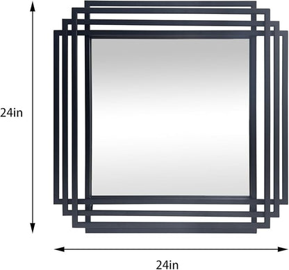 Modern Vanity Mirror, 24"x24" Geometric Art Deco Mirror with Black Metal Frame, Square Elegant Wall Mirrors for Living Room Bathroom Bedroom Entryway Hallway Fireplace