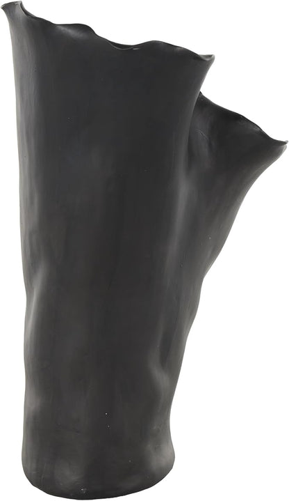 Deco 79 Ceramic Abstract Floral Inspired Vase with Wavy Folded Rim, 9" x 11" x 16", Black