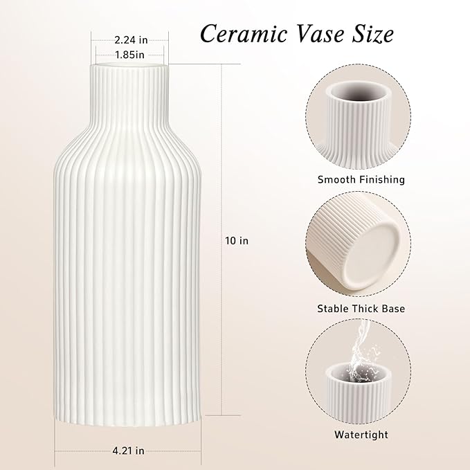 White Ceramic Flower Vase, Minimalist Modern Home Decor, Matte Finish Pampas Grass Vase for Table, Fireplace, Shelf, Mantel, Entryway and Centerpieces (10in)